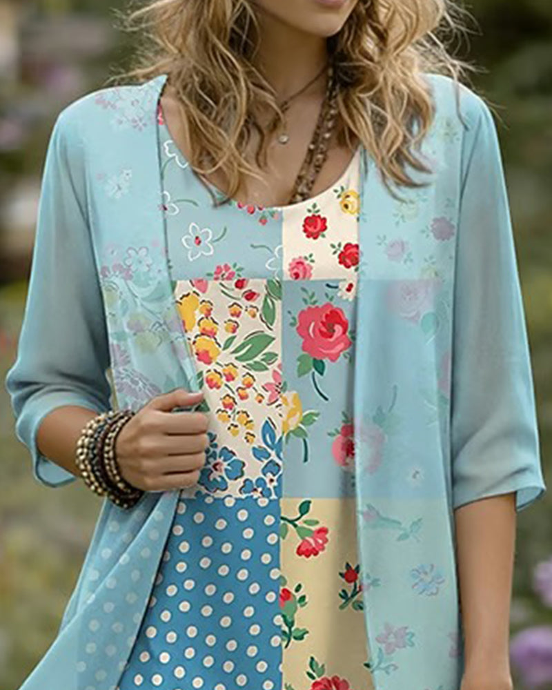 Floral Patchwork Dress And Cardigan Set