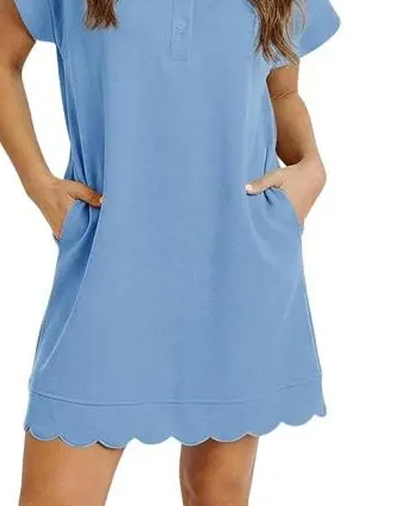 Polo Collar Button Half-Placket Scallop Edge Dress