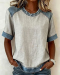 Denim Patchwork Short-Sleeved Top