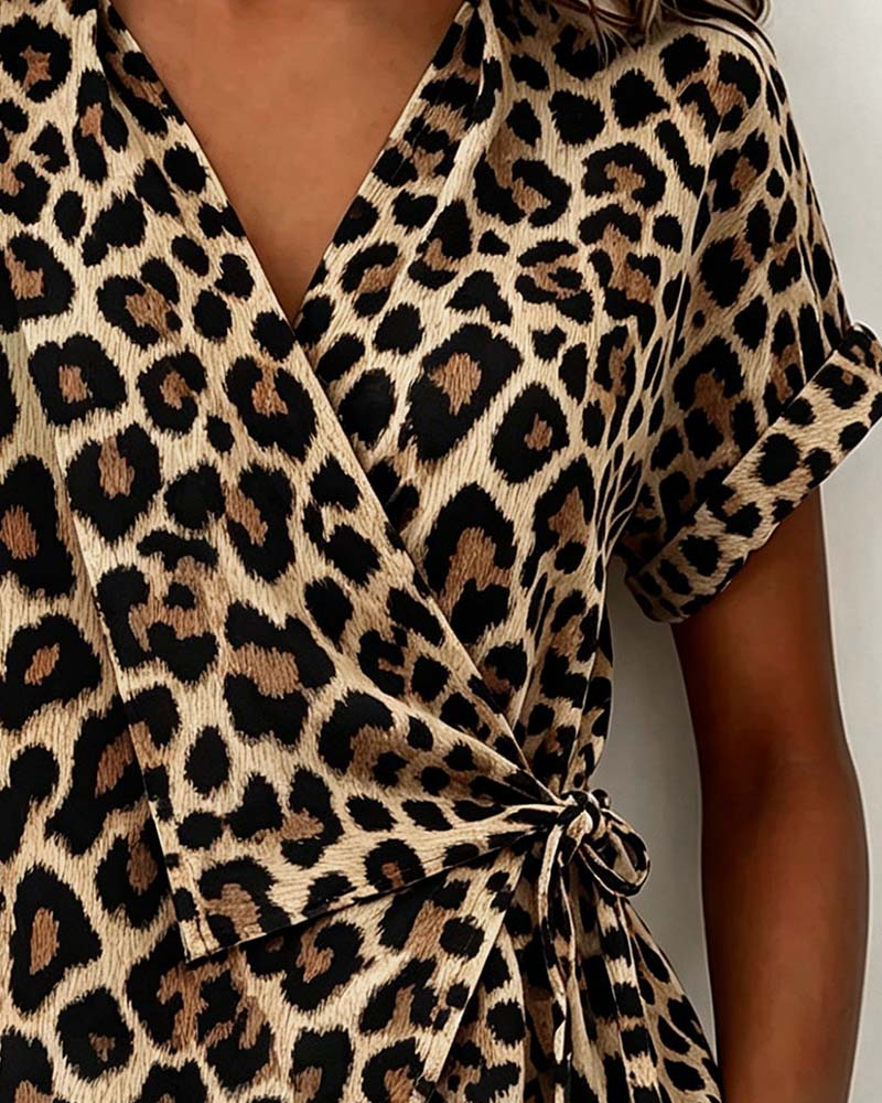 Leopard Print V-Neck Side-Tie Blouse