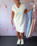 Solid color V-neck short sleeve dress