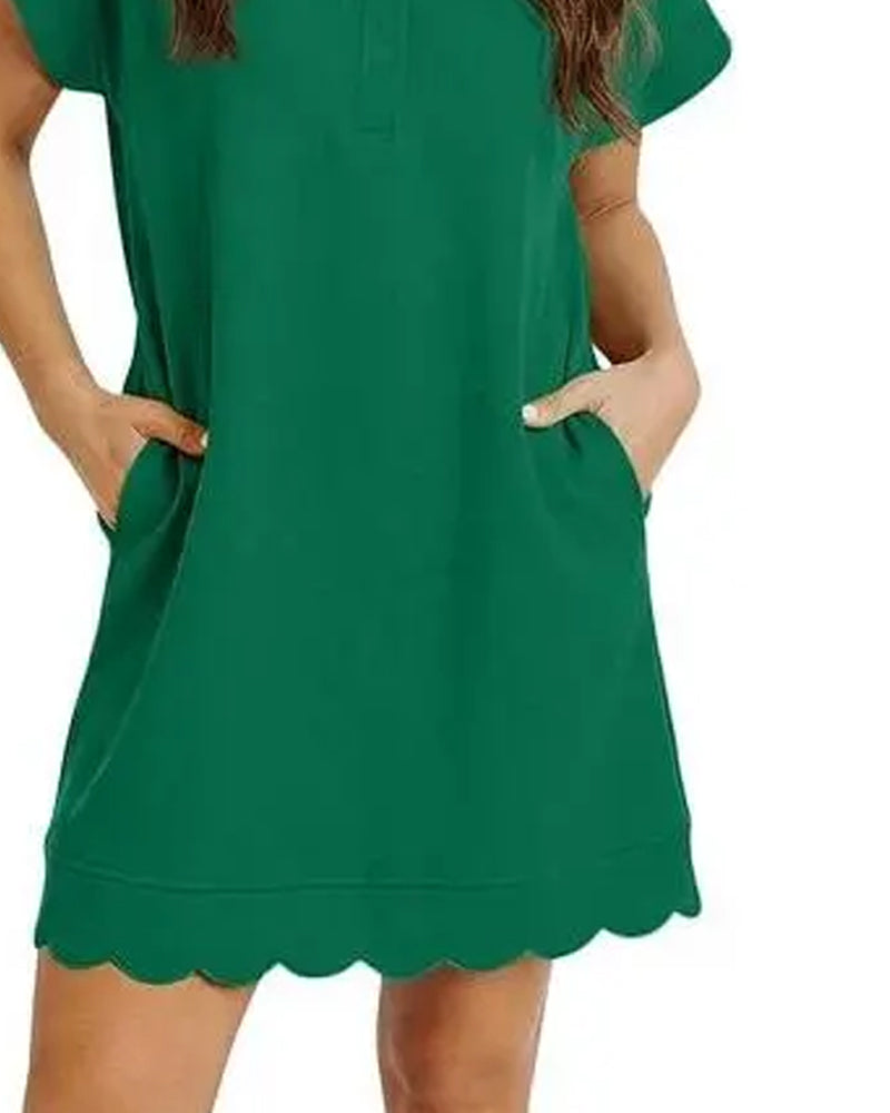 Polo Collar Button Half-Placket Scallop Edge Dress