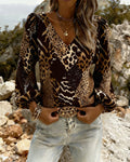 Patchwork Leopard Print V-Neck Bubble Sleeve Blouse