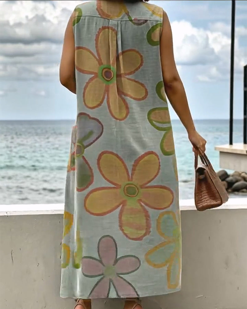 Watercolor Print Long Sleeveless Shirt Dress