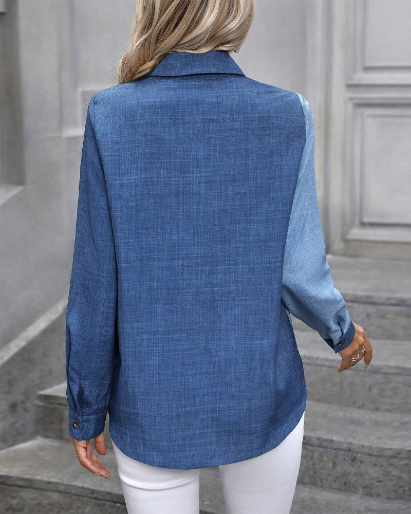 Single Breasted Colorblock Lapel Blouse