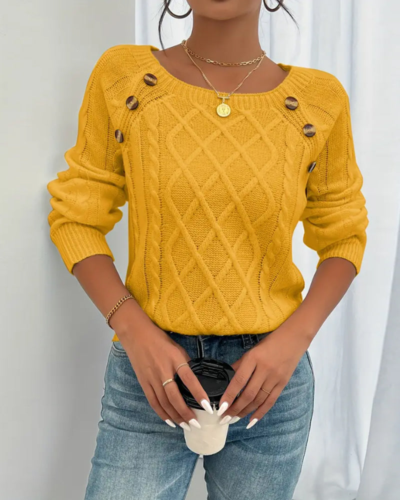 Solid Raglan Sleeve Buckle Cable Knit Sweater