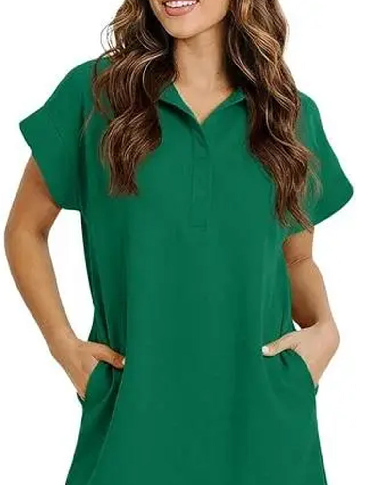 Polo Collar Button Half-Placket Scallop Edge Dress