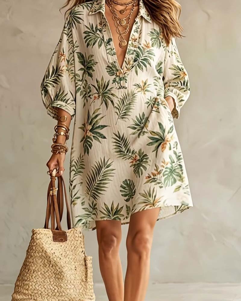 V-Lapel Puff Sleeve Floral Print Dress