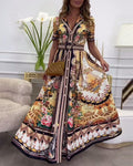 Retro printed lapel short sleeve long dress