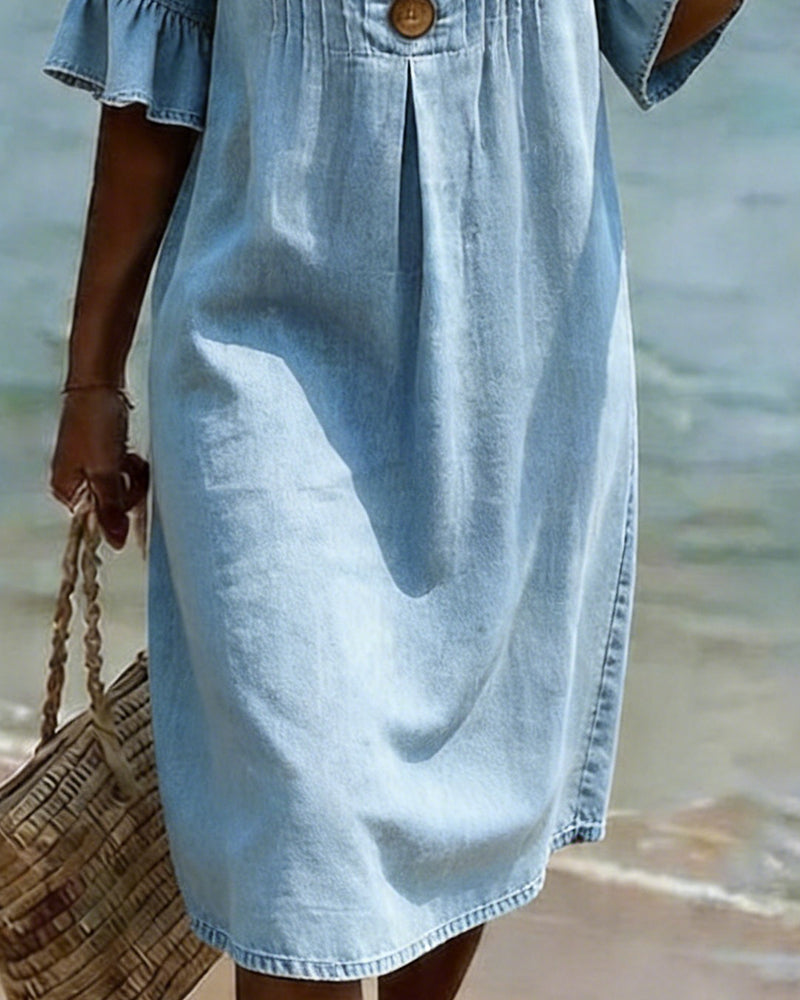 Ruffle Sleeve Denim V-Neck Dress