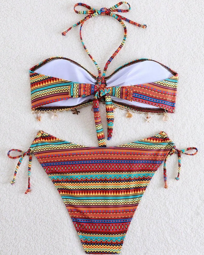 Casual Rainbow Striped Tassel Bikini