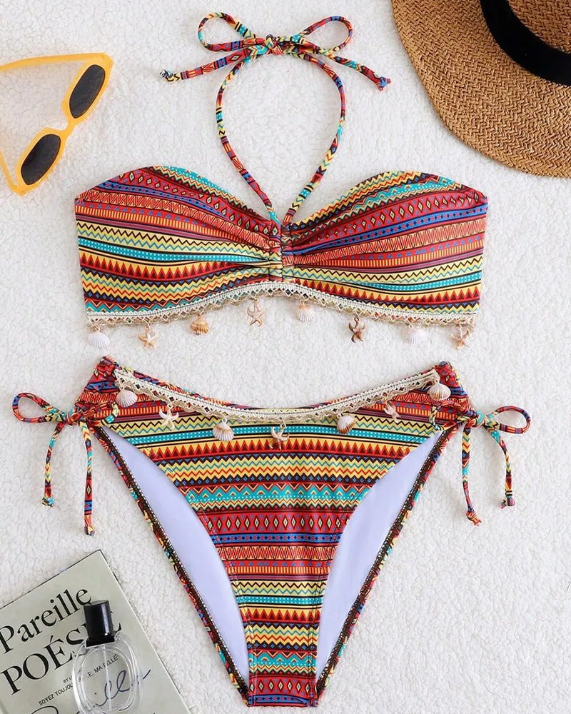 Casual Rainbow Striped Tassel Bikini
