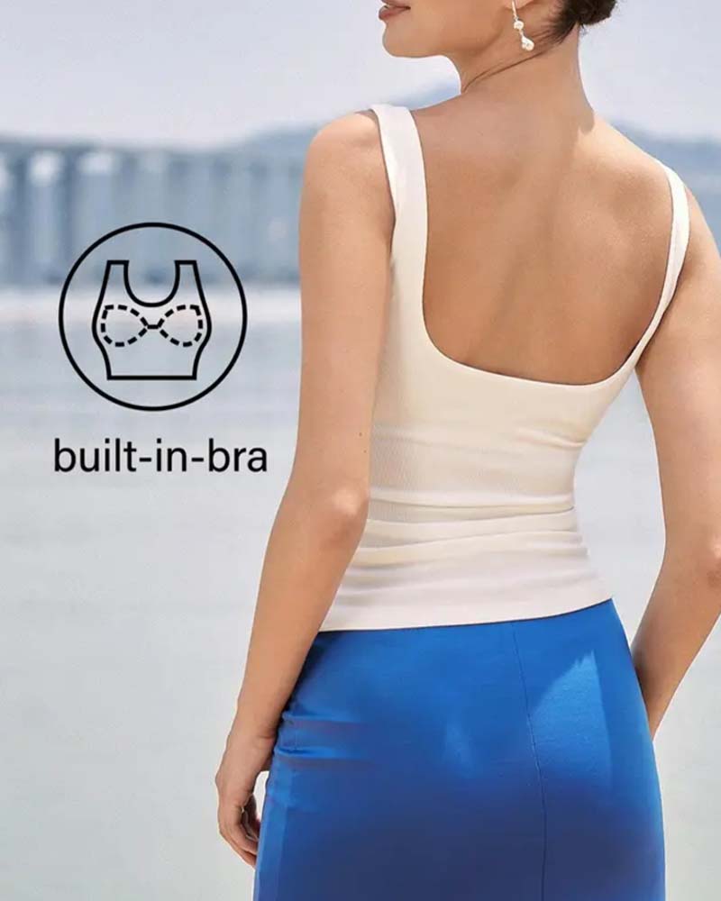 Built-In Bra Off-Shoulder Ribbed Sleeveless Tank Top