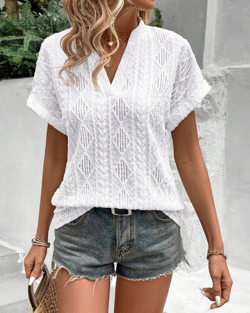 V-Neck Solid Color Hollow Breathable Blouse