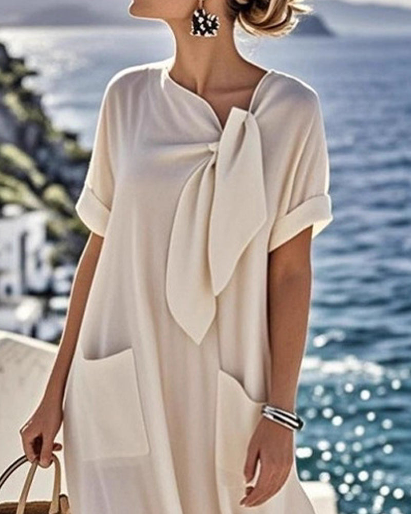 Solid Color Bow Collar Short-Sleeve Dress