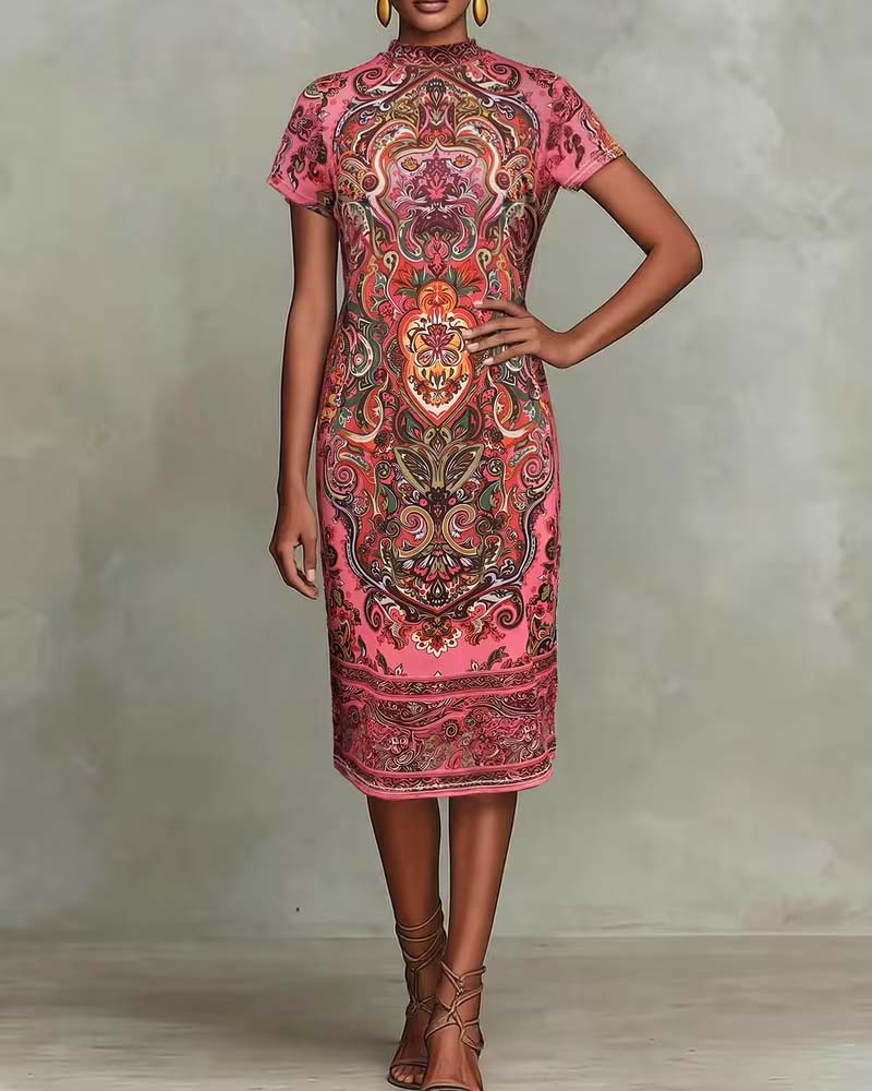 Vintage Print Turtleneck Dress
