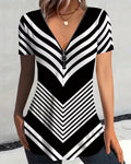 Zipper V-Neck Striped T-Shirt