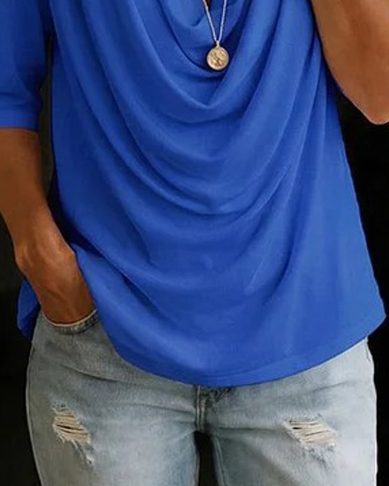 Draped Neck Half Sleeve Solid Casual T-Shirt