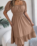 Square Neck Cinched Waist Ruffle A-Line Dress