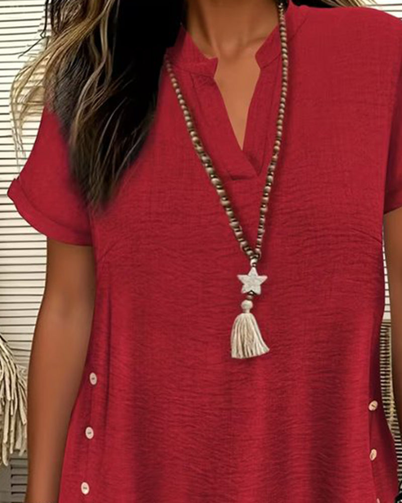 Solid Color Side-Slit Short-Sleeved Blouse