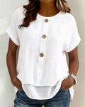 Crewneck Three-Button Solid Loose Fit Blouses