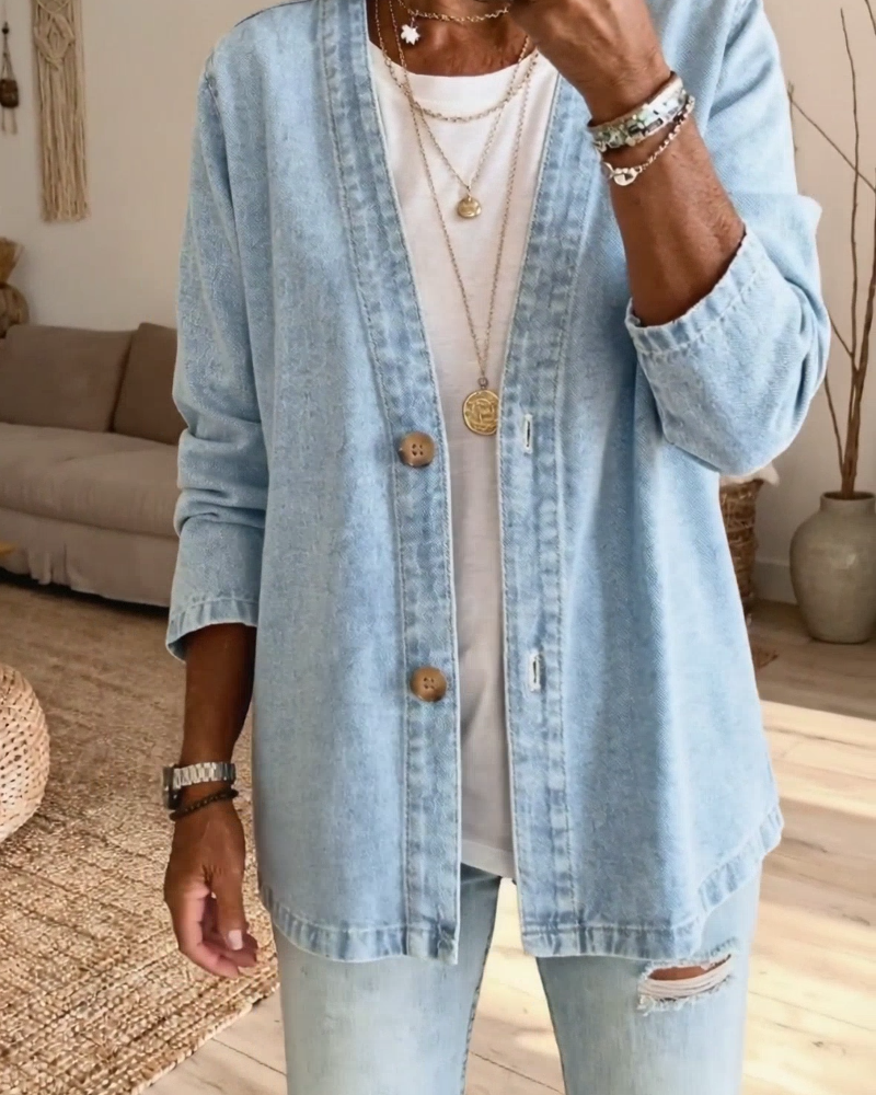 Denim V-Neck Cardigan Coat