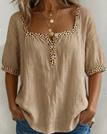 Square Neck Short Sleeve Leopard Print Blouse