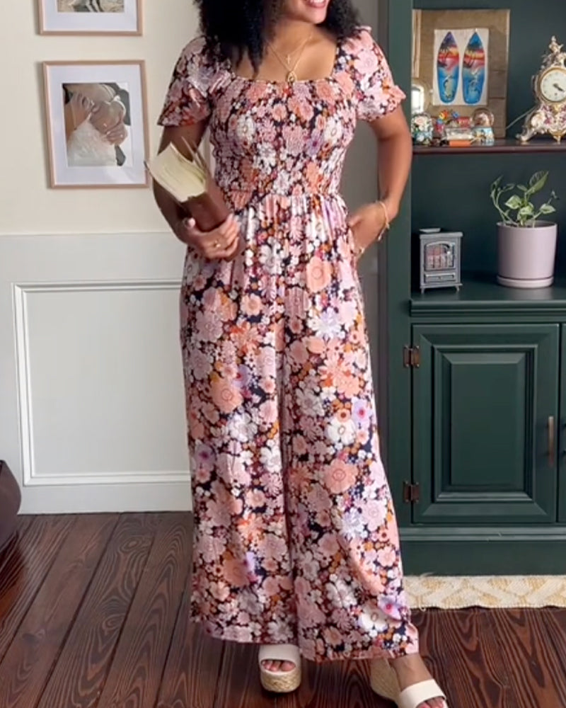 Square Neck Floral Shirred Jumpsuit