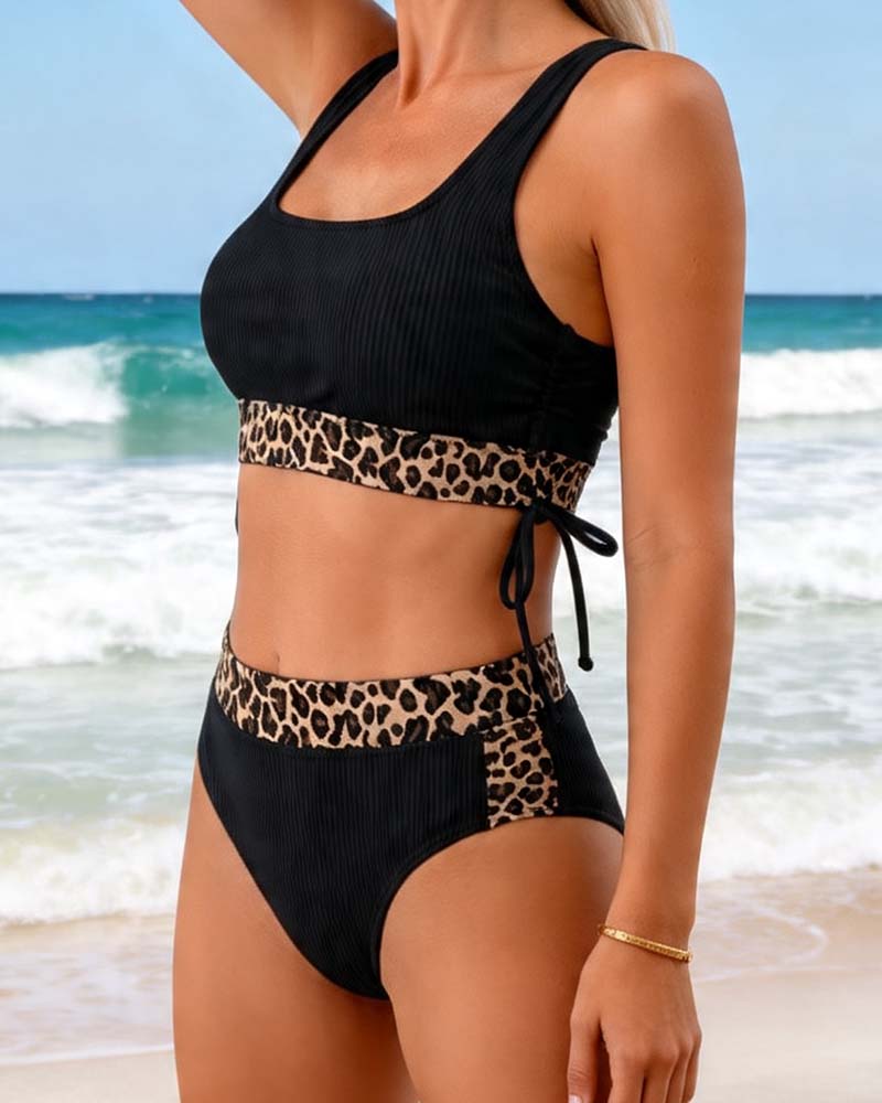 Leopard Pattern Panel Drawstring Bikini