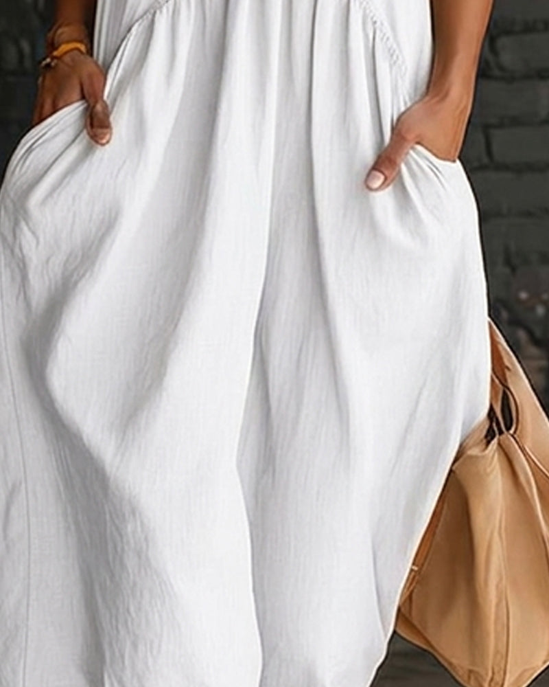 100% Cotton Sleeveless Stand-Collar Solid-Color Maxi Dress