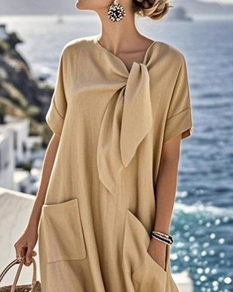 Solid Color Bow Collar Short-Sleeve Dress