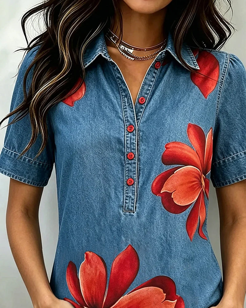 Collared Button-Down Printed Top
