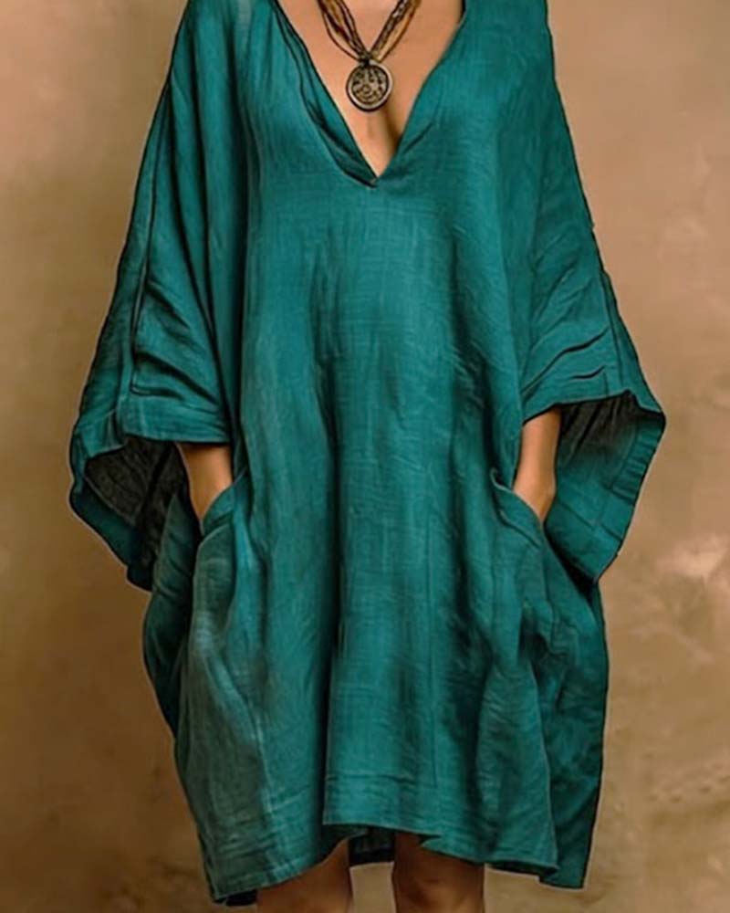 Loose Bat Sleeves V-Neck Dress