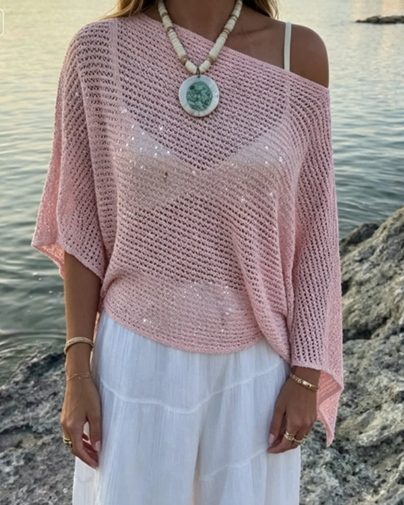 Solid Color Sequined Openwork Pullover