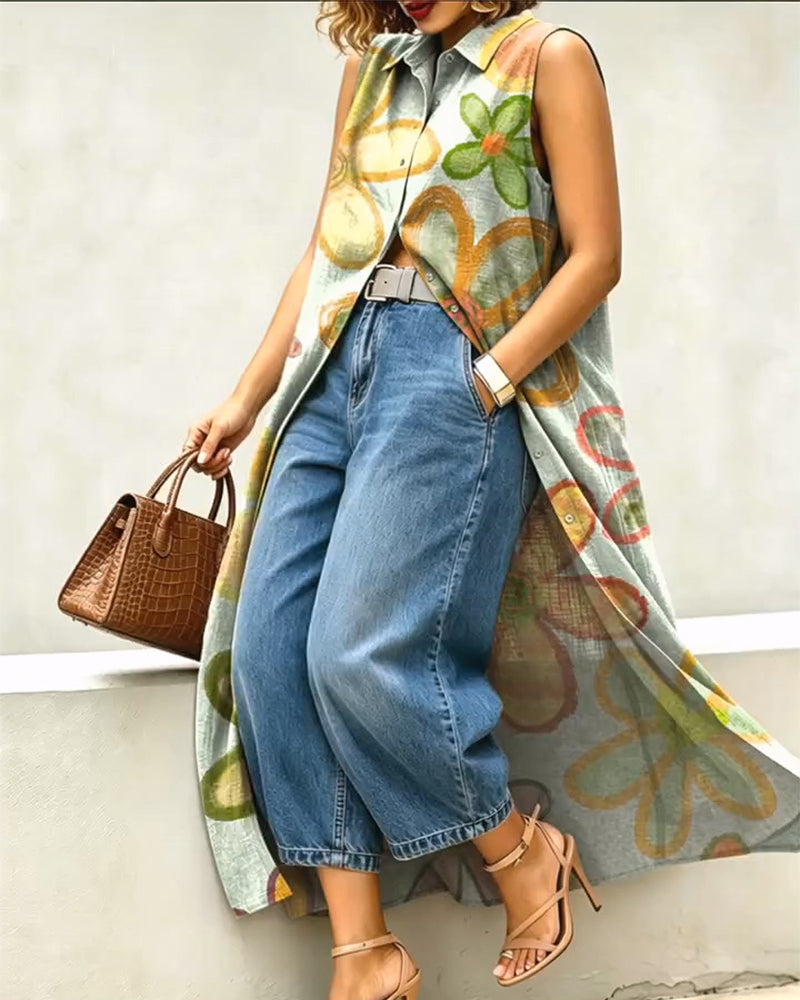 Watercolor Print Long Sleeveless Shirt Dress