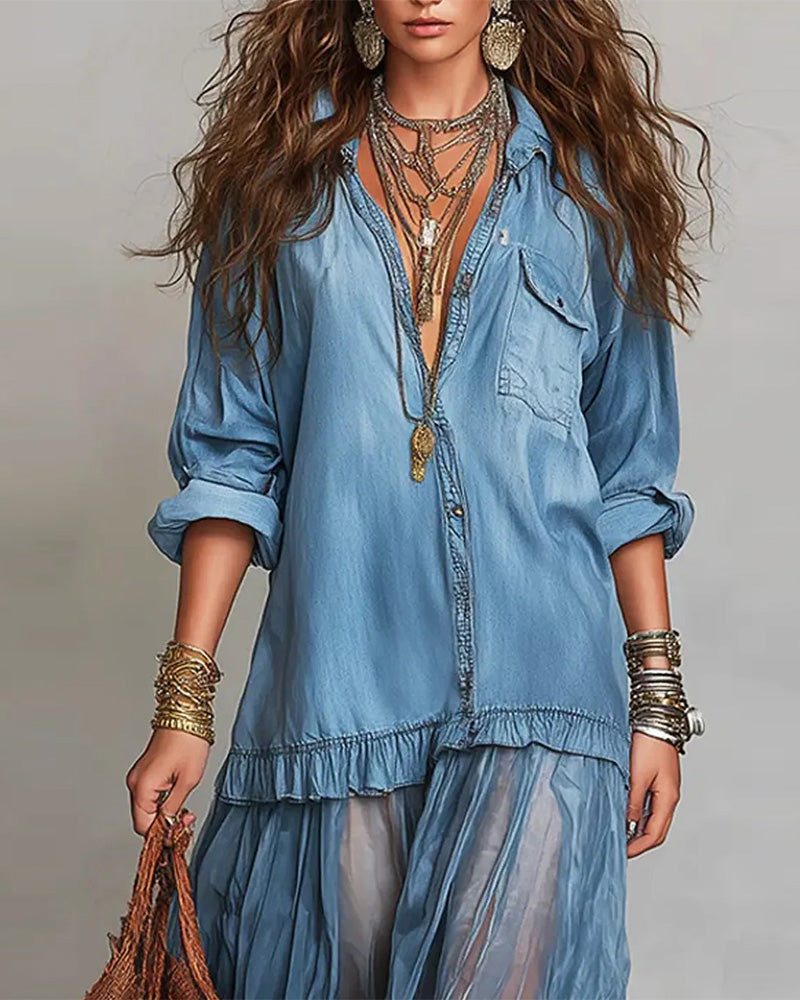 Denim And Mesh Spliced Long Dress