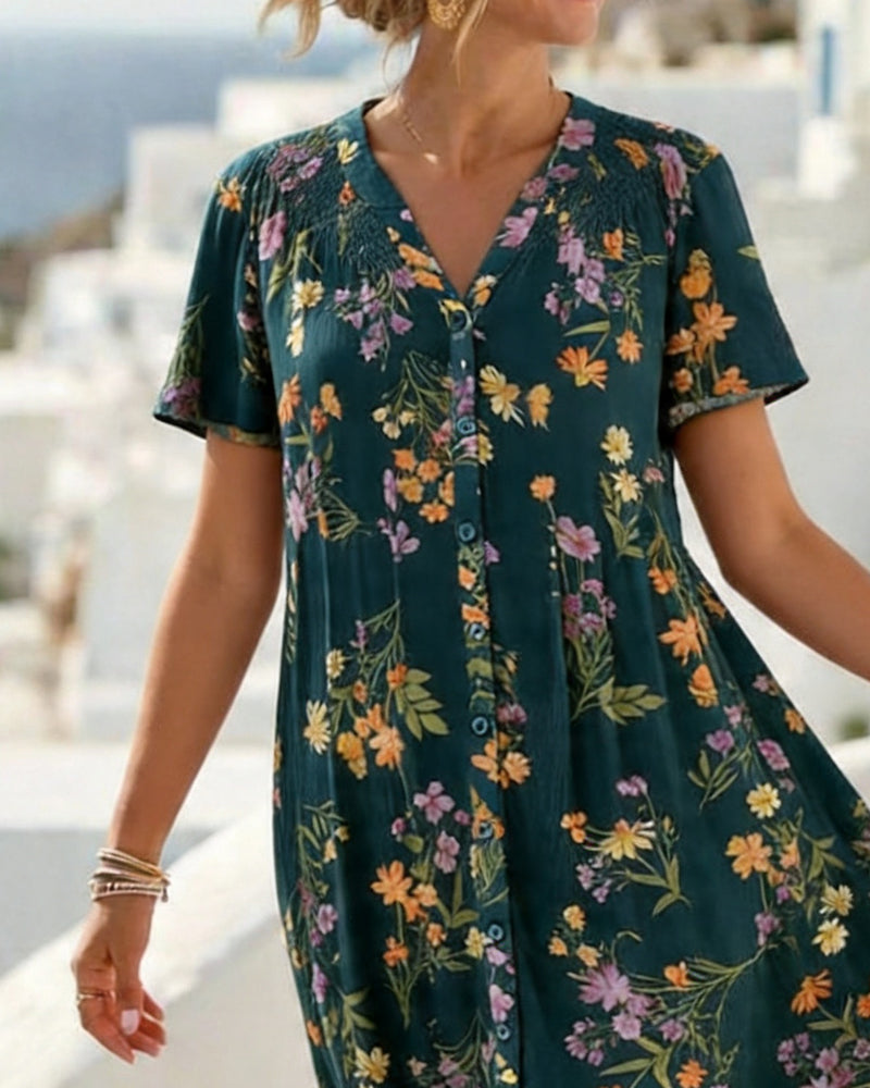 Floral Short-Sleeved V-Neck Dress
