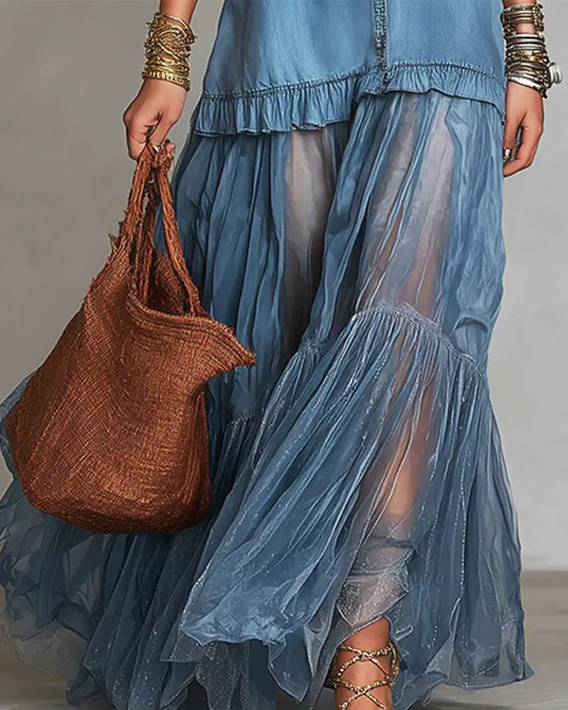 Denim And Mesh Spliced Long Dress