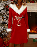 Fur Collar Christmas Print Dress