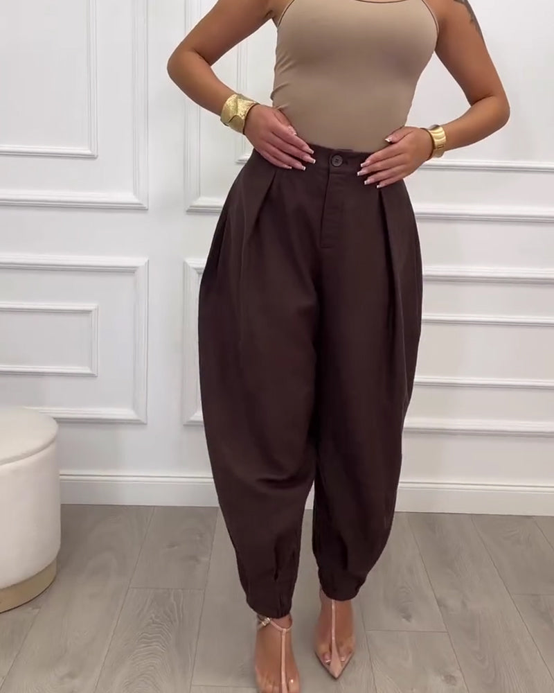 High-Waisted Casual Solid Color Lantern Pants