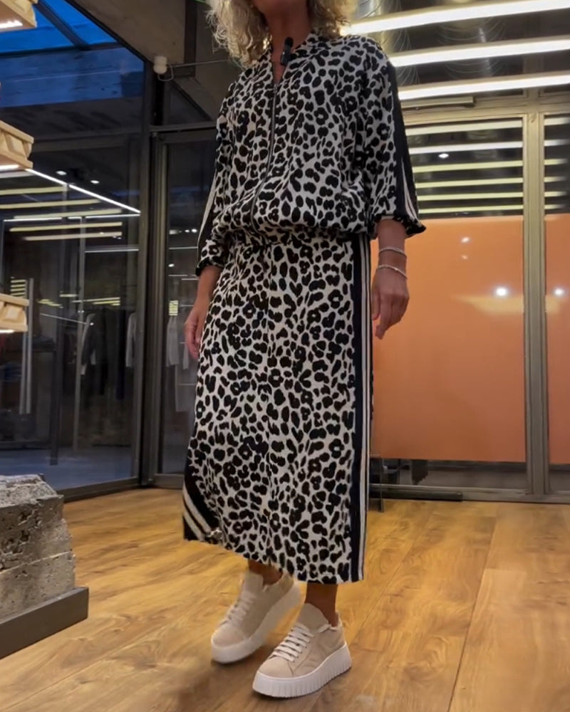 Leopard print striped skirt two-piece set