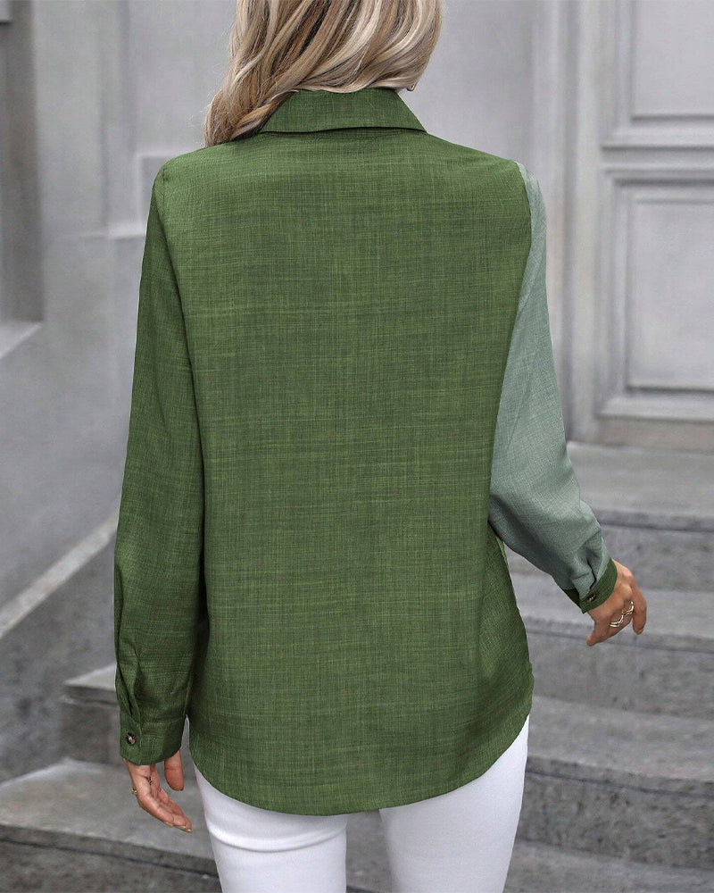 Single Breasted Colorblock Lapel Blouse