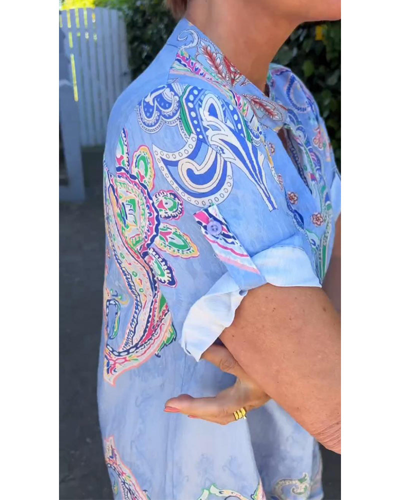 V-neck fold sleeve printed dress