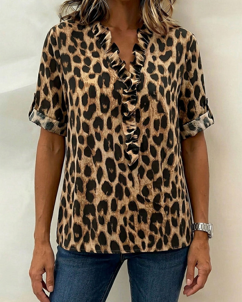 Classic Leopard Print Ruffled Blouse