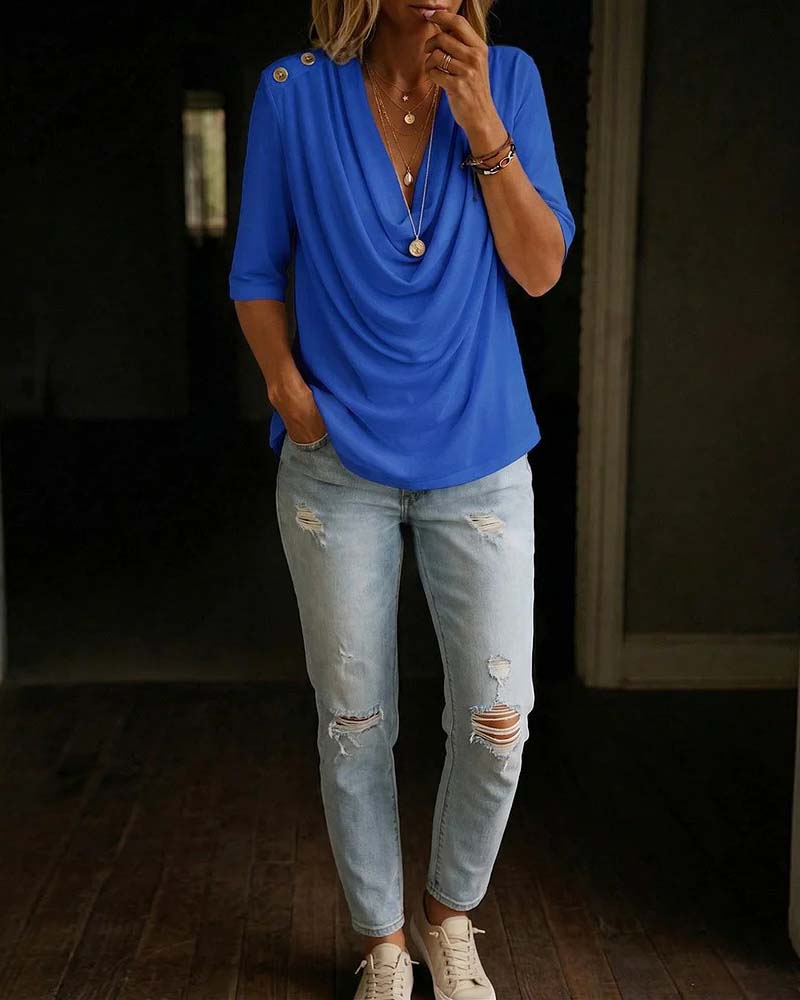 Draped Neck Half Sleeve Solid Casual T-Shirt