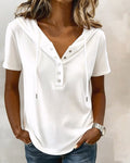 Hooded Short-Sleeve Henley Blouse