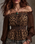 Leopard Print Off-Shoulder Cinched Waist Blouse