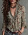 Floral V-Neck Ruffled Blouse