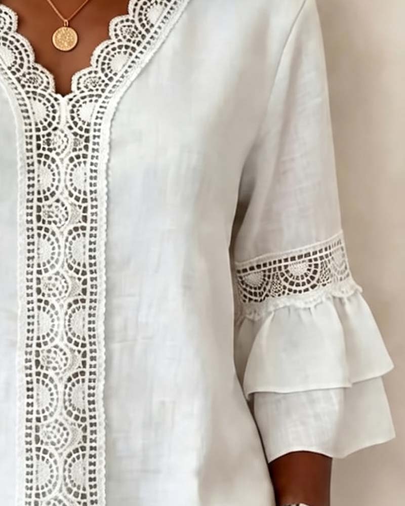 Lace V-Neck Double Layer Ruffle Bell Sleeve Blouse