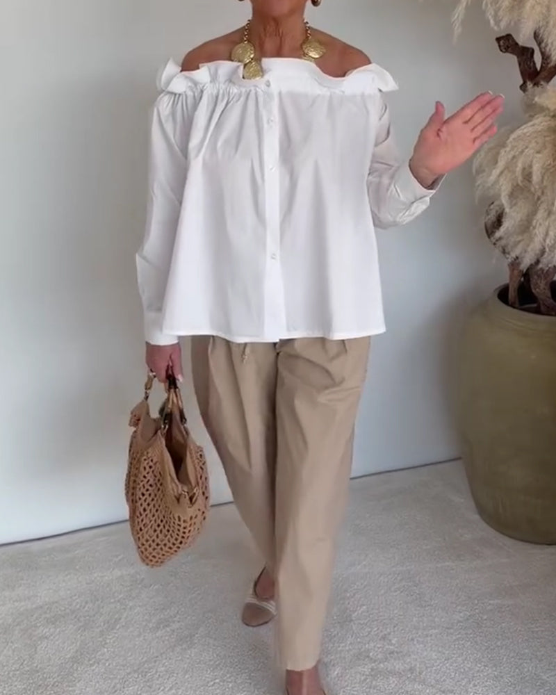 Ruffle Trim Off-Shoulder Button-Front Long Sleeve Blouse